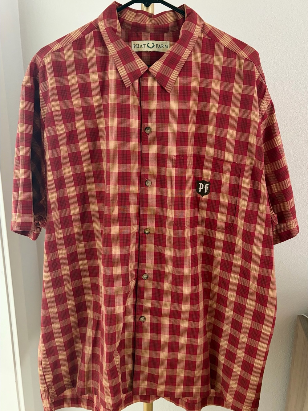 Phat Farm Men's Red and Cream Plaid Short Sleeve Button-Down Shirt